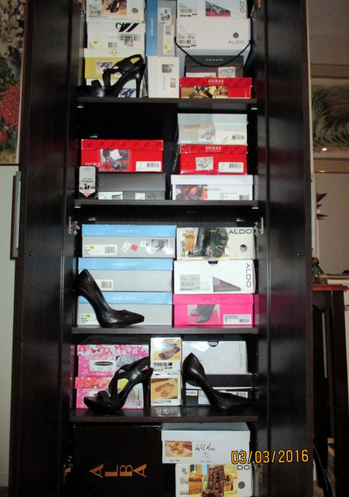 34 pairs of shoes are in this cabinet.  And yes, I have photos of each pair of shoes on the face of most of the boxes to make them easily identifiable.  