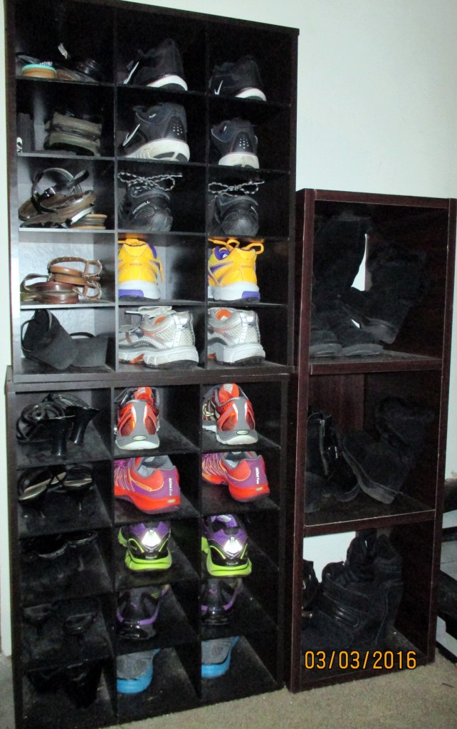 Most of my athletic shoes, flip flops, kitten heels and Ugg-type boots are in these cabinets.  I have a few random pairs in another cabinet across from these.  